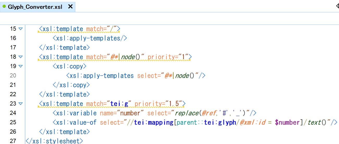 Example of script converting <g> elements into human readable glyphs